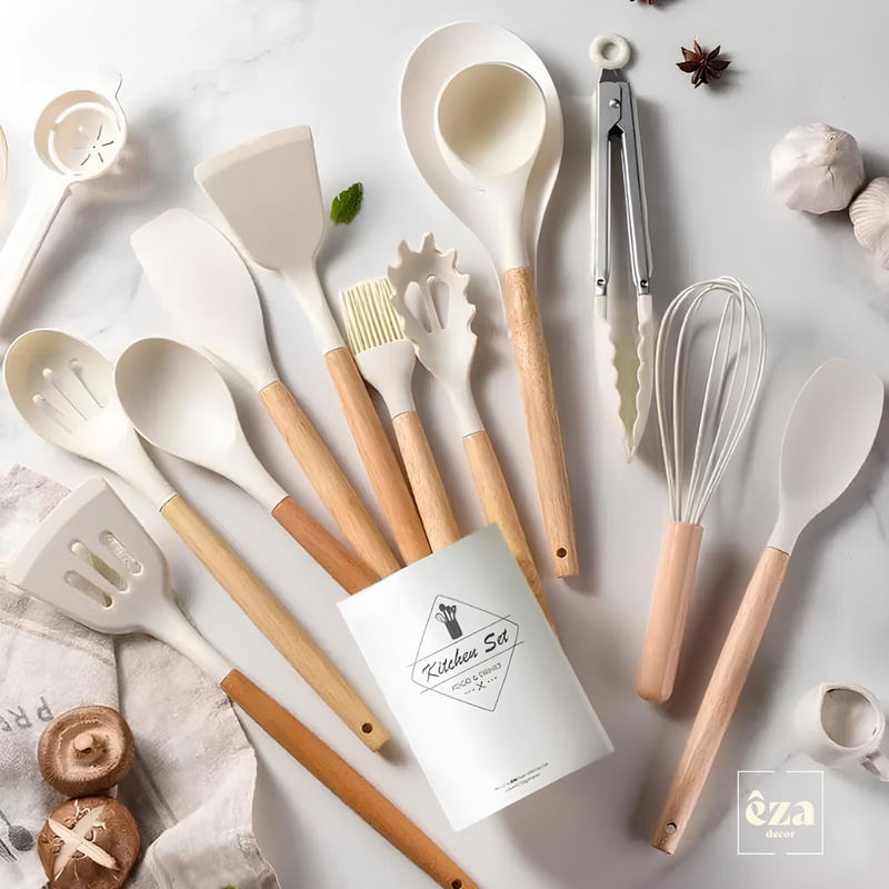 Kit 12 Utensílios de Cozinha Completo com Cabo de Madeira Tuca Chef + Brinde Exclusivo