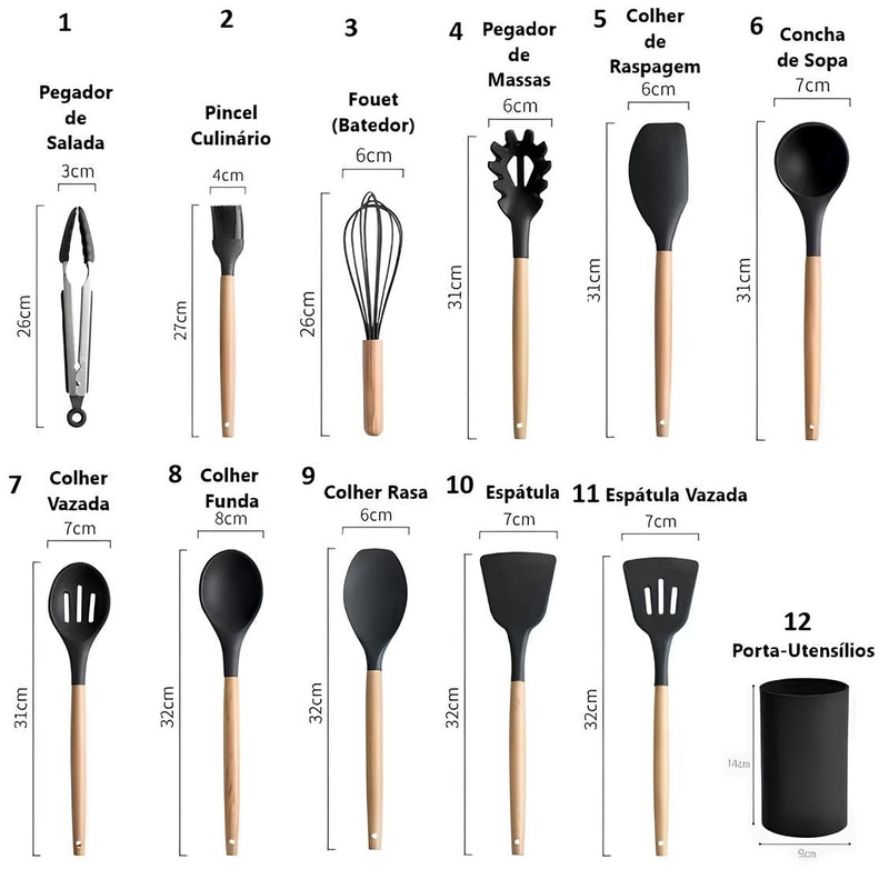 Kit 12 Utensílios de Cozinha Completo com Cabo de Madeira Tuca Chef + Brinde Exclusivo