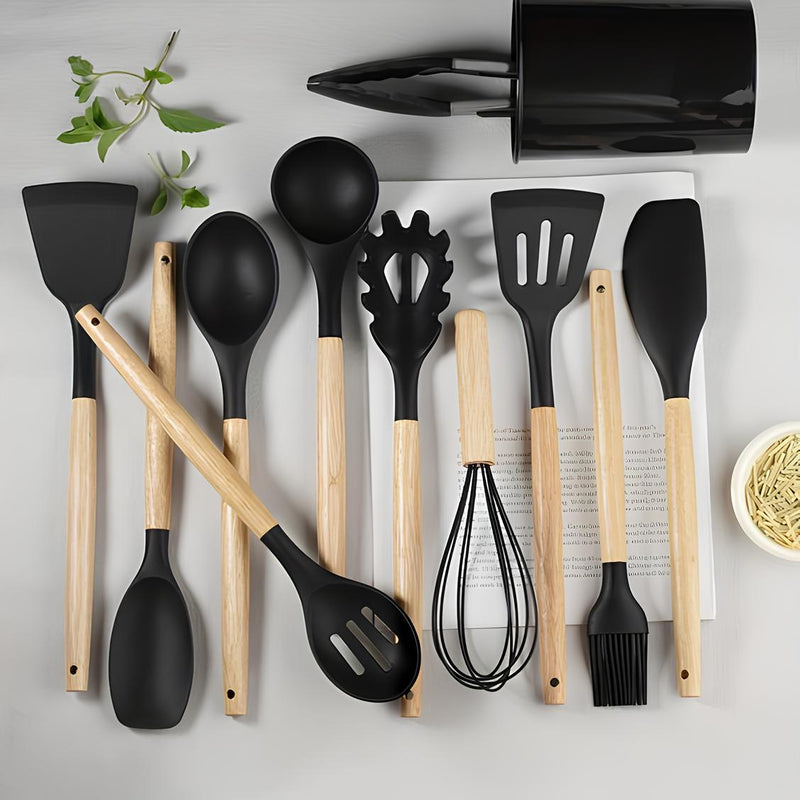 Kit 12 Utensílios de Cozinha Completo com Cabo de Madeira Tuca Chef + Brinde Exclusivo